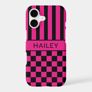 Hot Pink and Black Chequered Striped Personalised