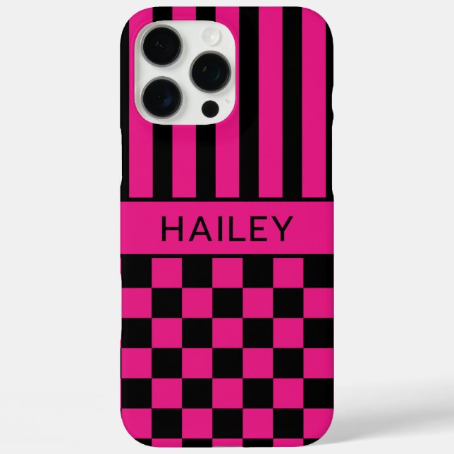 Hot Pink and Black Chequered Striped Personalised Case-Mate iPhone Case (Back)