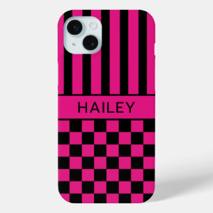 Hot Pink and Black Chequered Striped Personalised iPhone 15 Mini Case