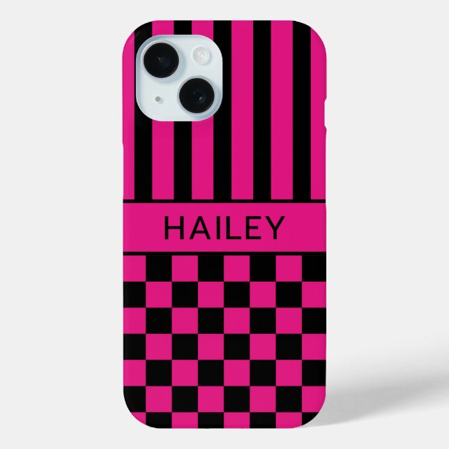 Hot Pink and Black Chequered Striped Personalised Case-Mate iPhone Case (Back)