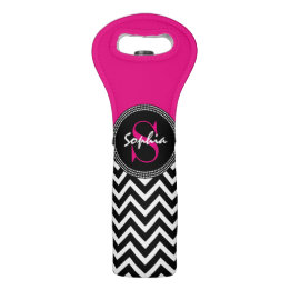 Hot Pink and Black Chevron Add Your Monogram Wine Bag
