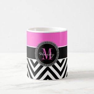 Hot Pink and Black Chevron Monogram Coffee Mug