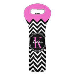 Hot Pink and Black Chevron Monogrammed Wine Bag