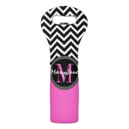 Hot Pink and Black Chevron Monogrammed Wine Bag