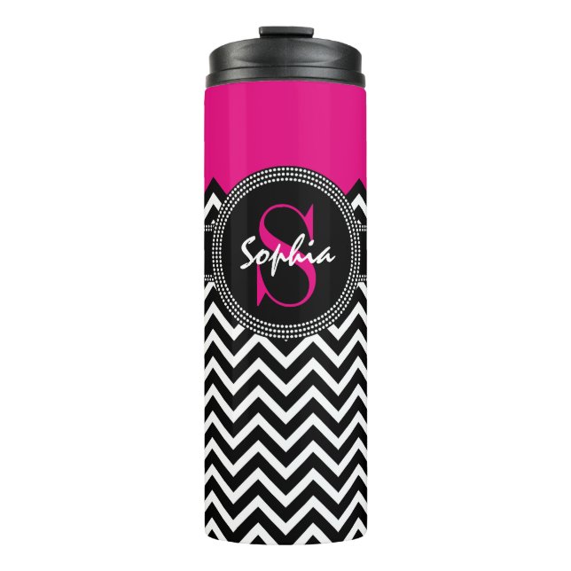 Hot Pink and Black Chevron Name and Monogram Thermal Tumbler (Front)