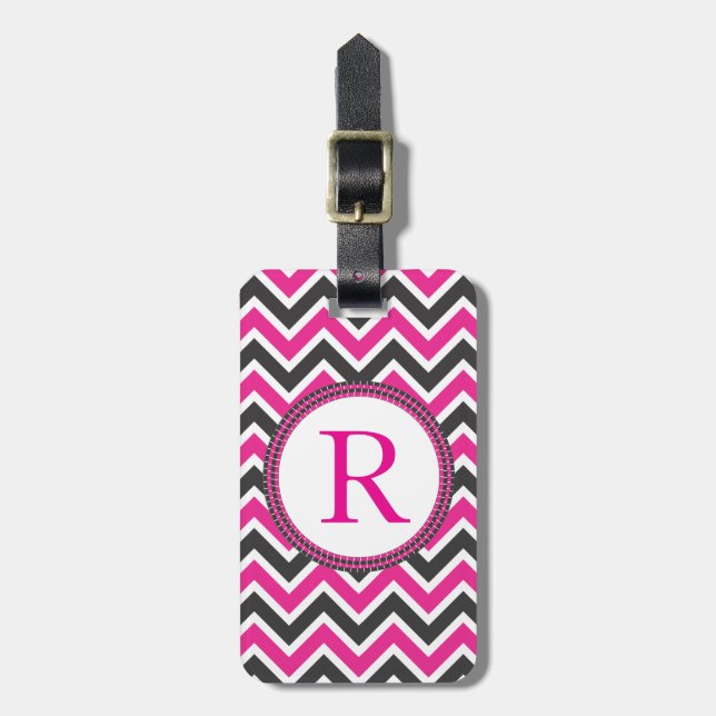 Hot Pink and Black Chevrons Luggage Tag (Front Vertical)