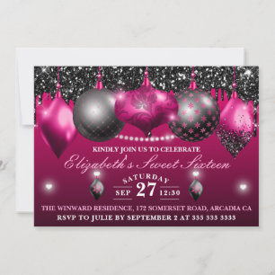 Hot Pink and Black Christmas Ornament Sweet 16 Invitation