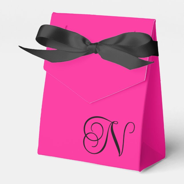 Hot Pink and Black Curly Script Monogram Favour Box (Front Side)