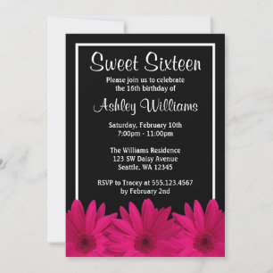 Hot Pink and Black Daisy Sweet 16 Invitation
