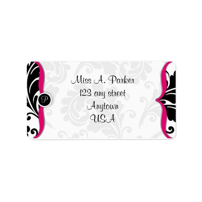 Hot Pink and black damask Address label (Front)