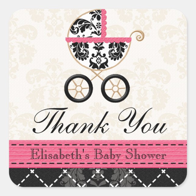 HOT PINK and Black Damask Baby Carriage Thank You Square Sticker (Front)