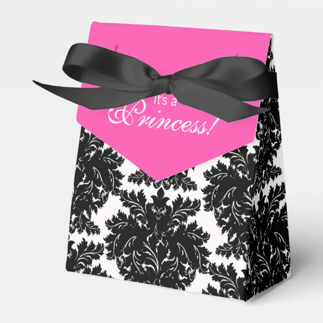 Hot Pink and Black Damask Baby Shower Favour Box (Front Side)