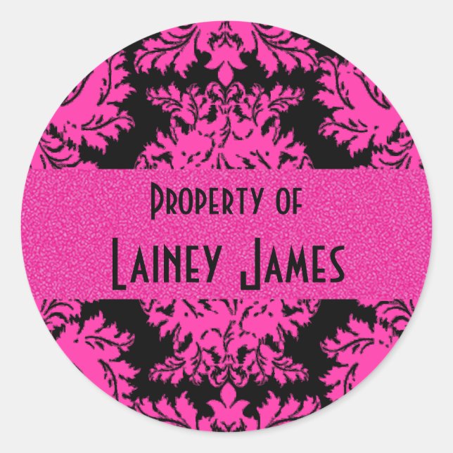 Hot Pink and Black Damask Classic Round Sticker (Front)