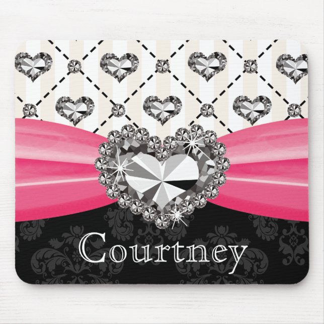 Hot Pink and Black Damask Diamond Mouse Pad Rhines (Front)
