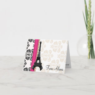 HOT PINK AND BLACK DAMASK EIFFEL TOWER THANK YOU CARD
