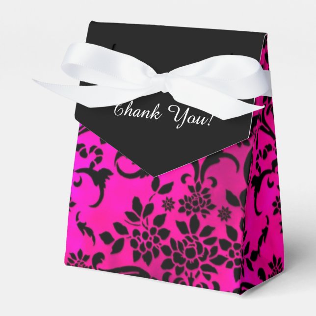 Hot Pink and Black Damask Thank You Favour Box (Front Side)