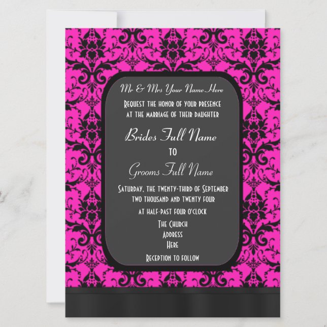 Hot pink and black damask wedding invitation (Front)