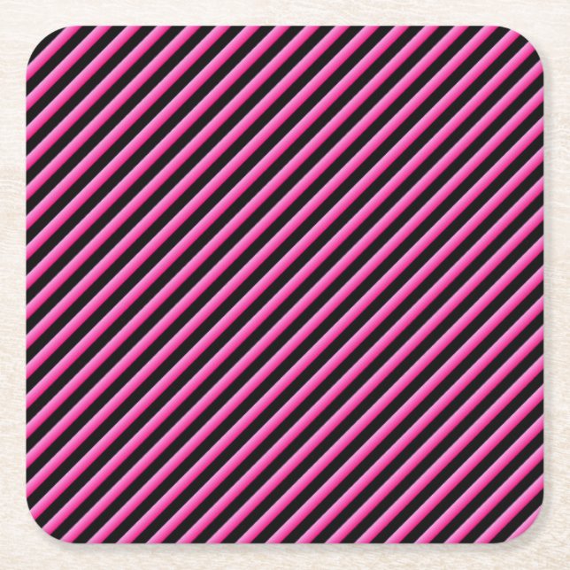 Hot Pink and Black Diagonal Striped Square Paper Coaster (Front)