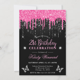 Hot Pink and Black Dripping Glitter 21st Birthday Invitation