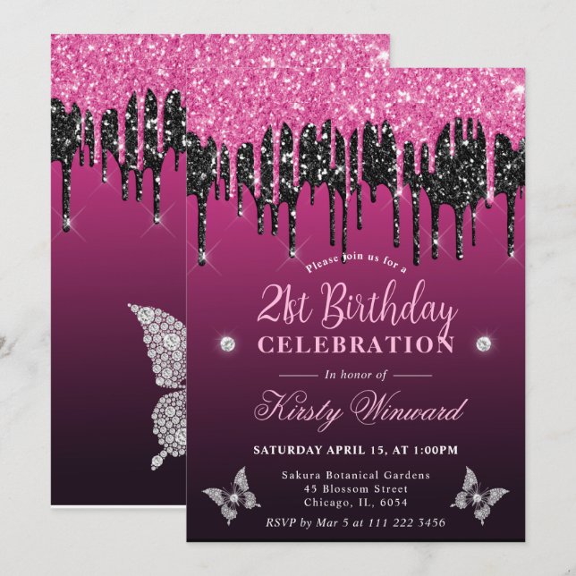 Hot Pink and Black Dripping Glitter 21st Birthday Invitation (Front/Back)