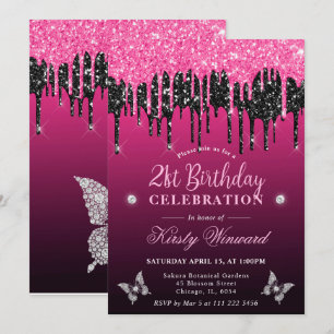 Hot Pink and Black Dripping Glitter 21st Birthday Invitation