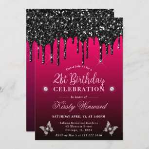 Hot Pink and Black Dripping Glitter 21st Birthday Invitation