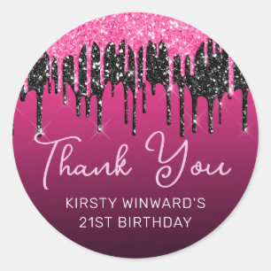 Hot Pink and Black Dripping Glitter Birthday Classic Round Sticker
