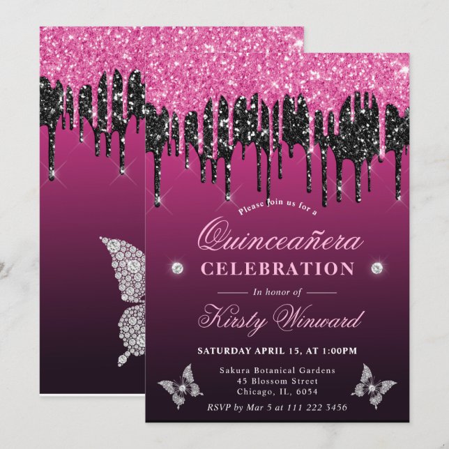 Hot Pink and Black Dripping Glitter Quinceanera Invitation (Front/Back)