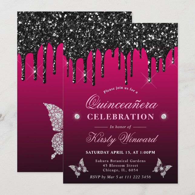 Hot Pink and Black Dripping Glitter Quinceanera Invitation (Front/Back)