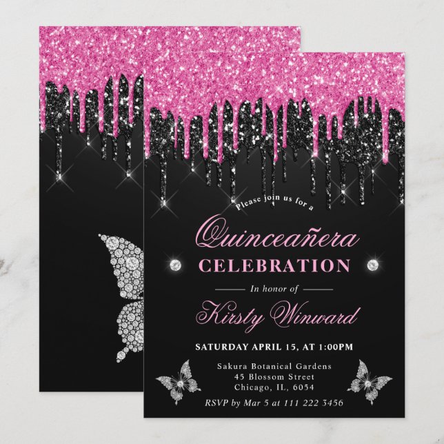 Hot Pink and Black Dripping Glitter Quinceanera Invitation (Front/Back)