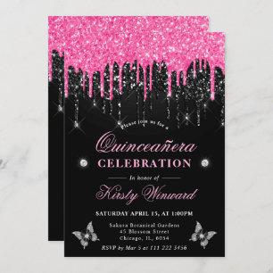 Hot Pink and Black Dripping Glitter Quinceanera Invitation