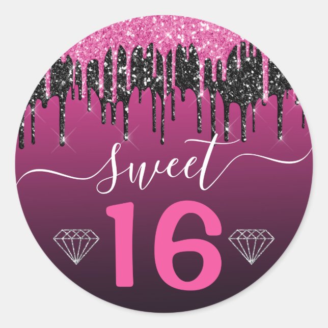 Hot Pink and Black Dripping Glitter Sweet 16 Classic Round Sticker (Front)