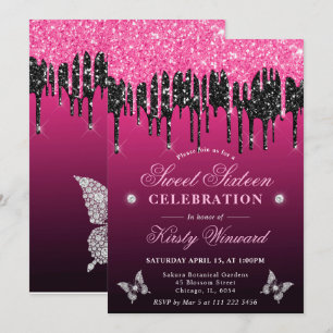 Hot Pink and Black Dripping Glitter Sweet 16 Invitation