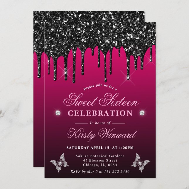 Hot Pink and Black Dripping Glitter Sweet 16 Invitation (Front/Back)
