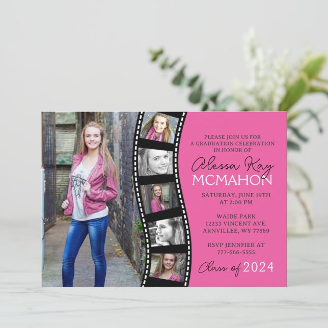 Hot Pink and Black Filmstrip 6 Photo Graduation Invitation (Standing Front)