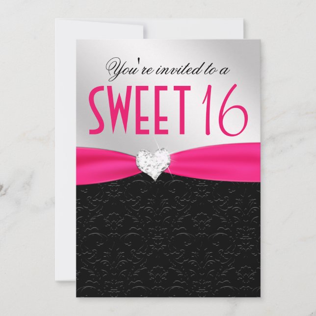 Hot Pink and Black Floral Damask Diamond Heart Invitation (Front)