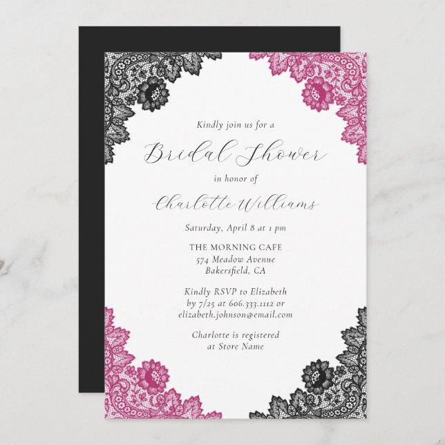 Hot Pink and Black Floral Lace Bridal Shower Invitation (Front/Back)
