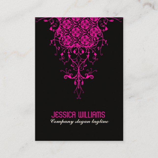 Hot Pink And Black Floral Lace Ornament Business Card (Front)