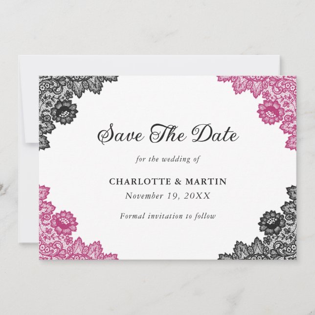 Hot Pink and Black Floral Lace Wedding Save The Date (Front)