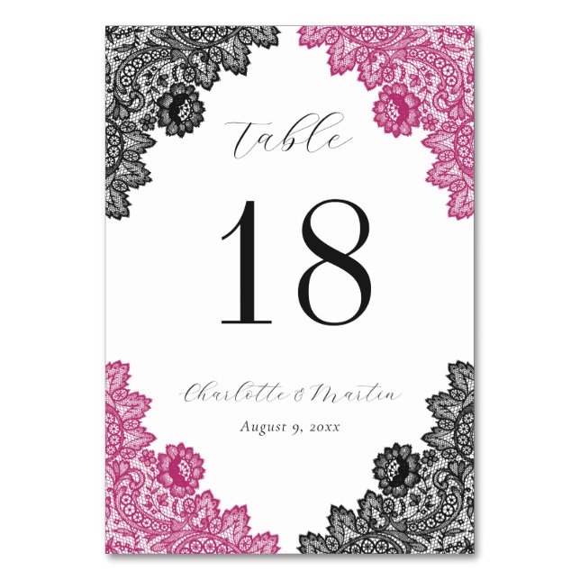 Hot Pink and Black Floral Lace Wedding Table Number (Front)