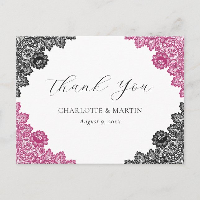 Hot Pink and Black Floral Lace Wedding Thank You Postcard (Front)