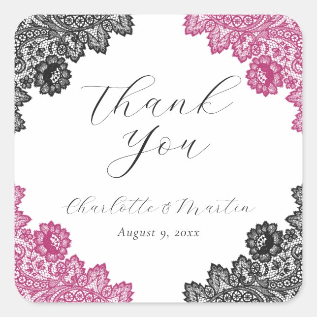 Hot Pink and Black Floral Lace Wedding Thank You Square Sticker (Front)