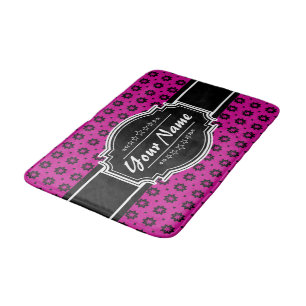 Hot Pink and Black Floral Tile Personalised Bath Mat