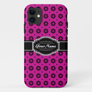 Hot Pink and Black Floral Tile Personalised iPhone 11 Case