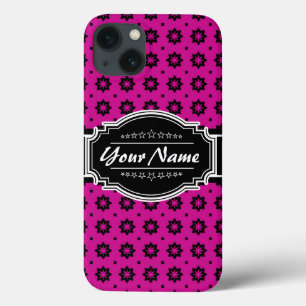 Hot Pink and Black Floral Tile Personalised iPhone 13 Case