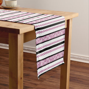 Hot Pink and Black Flowery Stripes Medium Table Runner