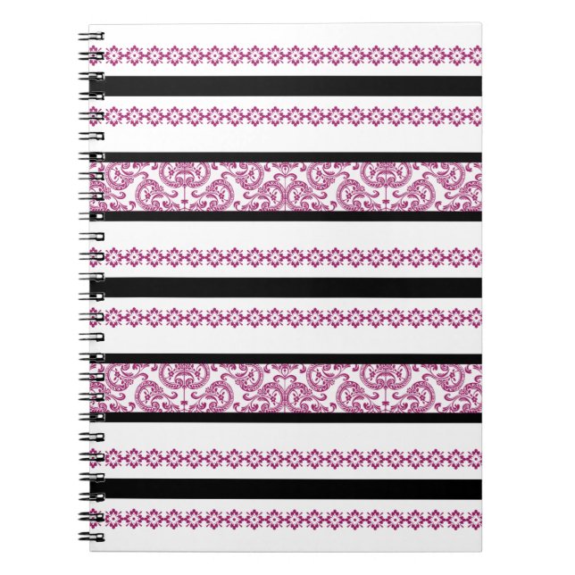 Hot Pink and Black Flowery Stripes Notebook (Front)