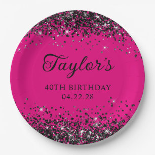 Hot Pink and Black Glitter 40th Birthday Paper Plate