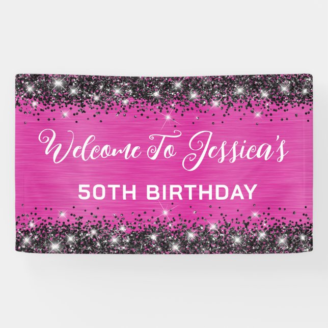 Hot Pink and Black Glitter 50th Birthday  Banner (Horizontal)