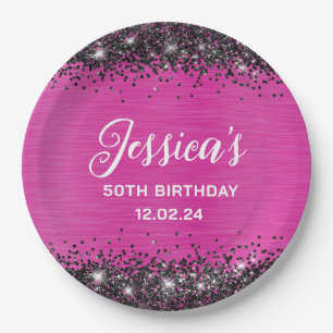 Hot Pink and Black Glitter 50th Birthday  Paper Plate